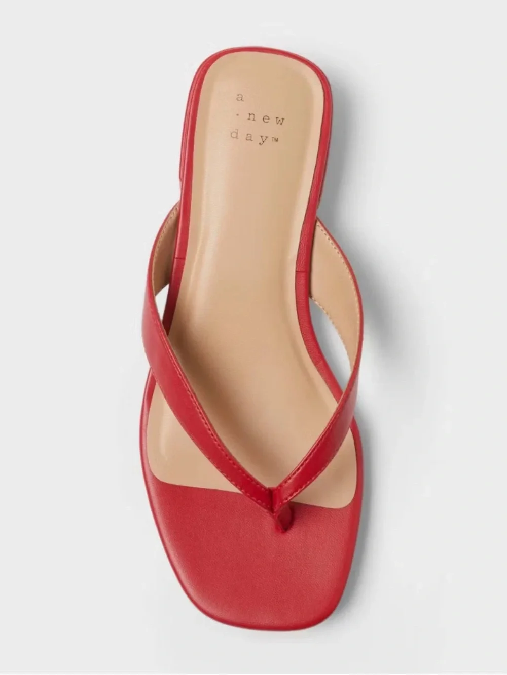 Square Toe Red Thong Sandal with Low Block Heel Size 8